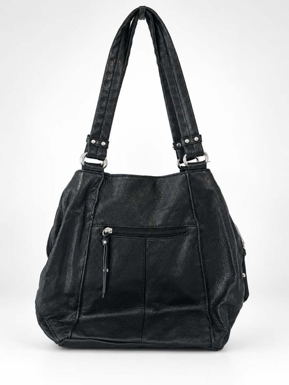 Y2K Tignanello Shoulder Bag Hobo Purse Travel Black Pebble Leather Logo Zip Stud
